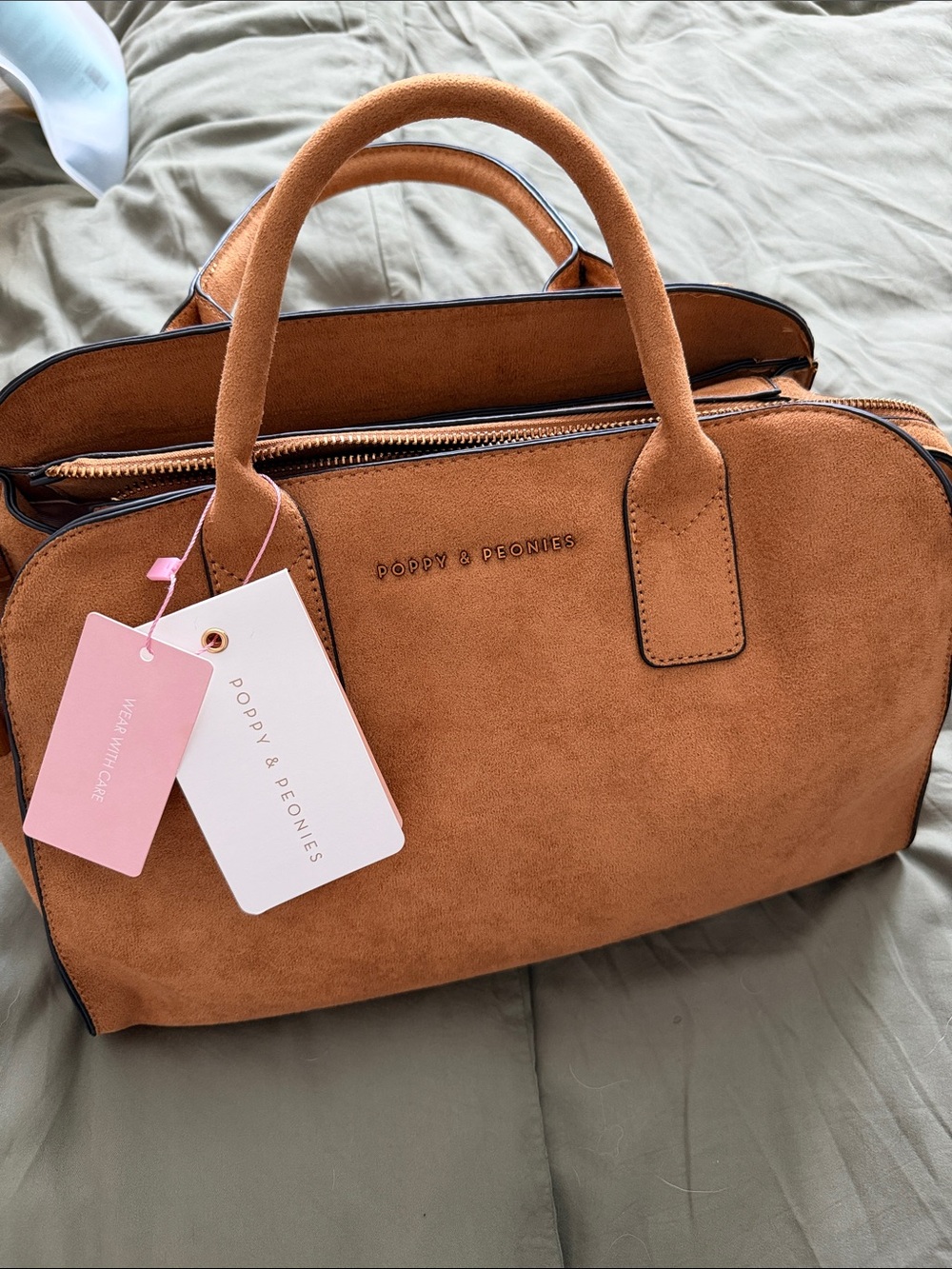 Poppy & Peonies Cognac Suede Satchel with Top Handles